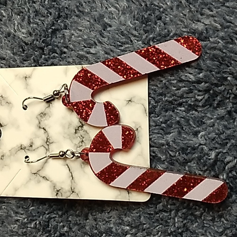 Acrylic Candy Cane Christmas Earrings 3/4 x 2 inches Red Glitter & white